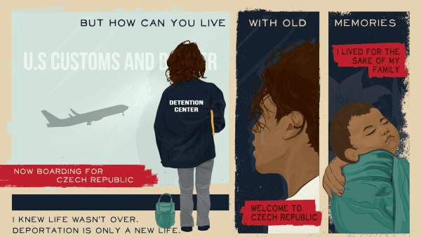 A panel of an illustration about a woman being deported to Czech Republic