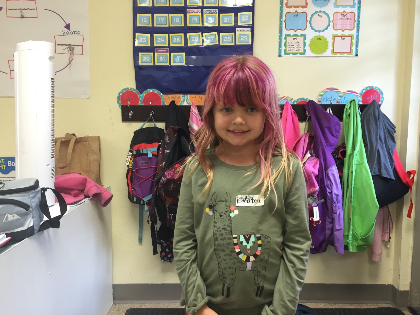 Violet wins! She's president of Mr. Mike's second grade class (and has sick hair).