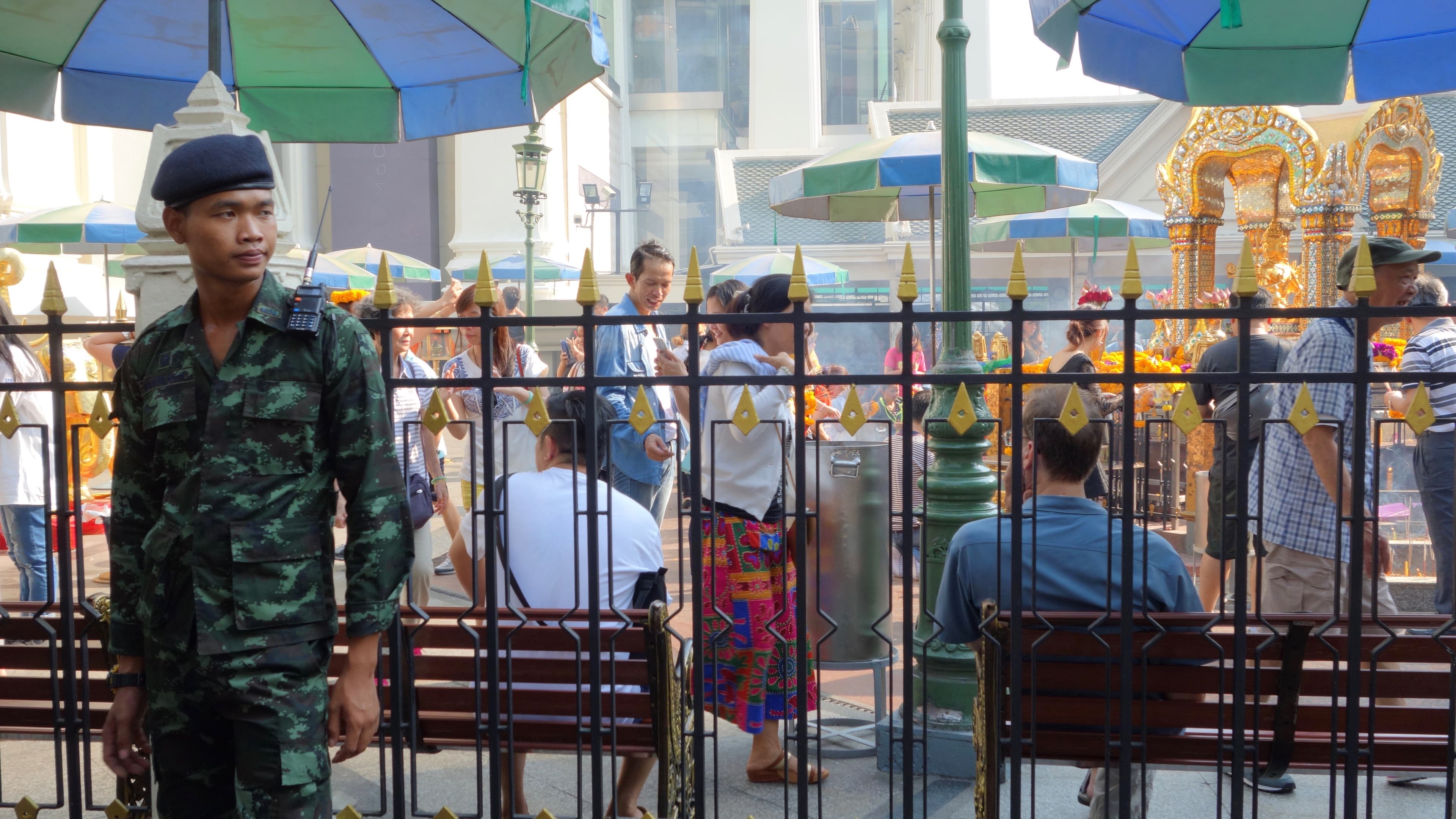 Thai soldier keeping watch at Erawan Shrine in central Bangkok.
