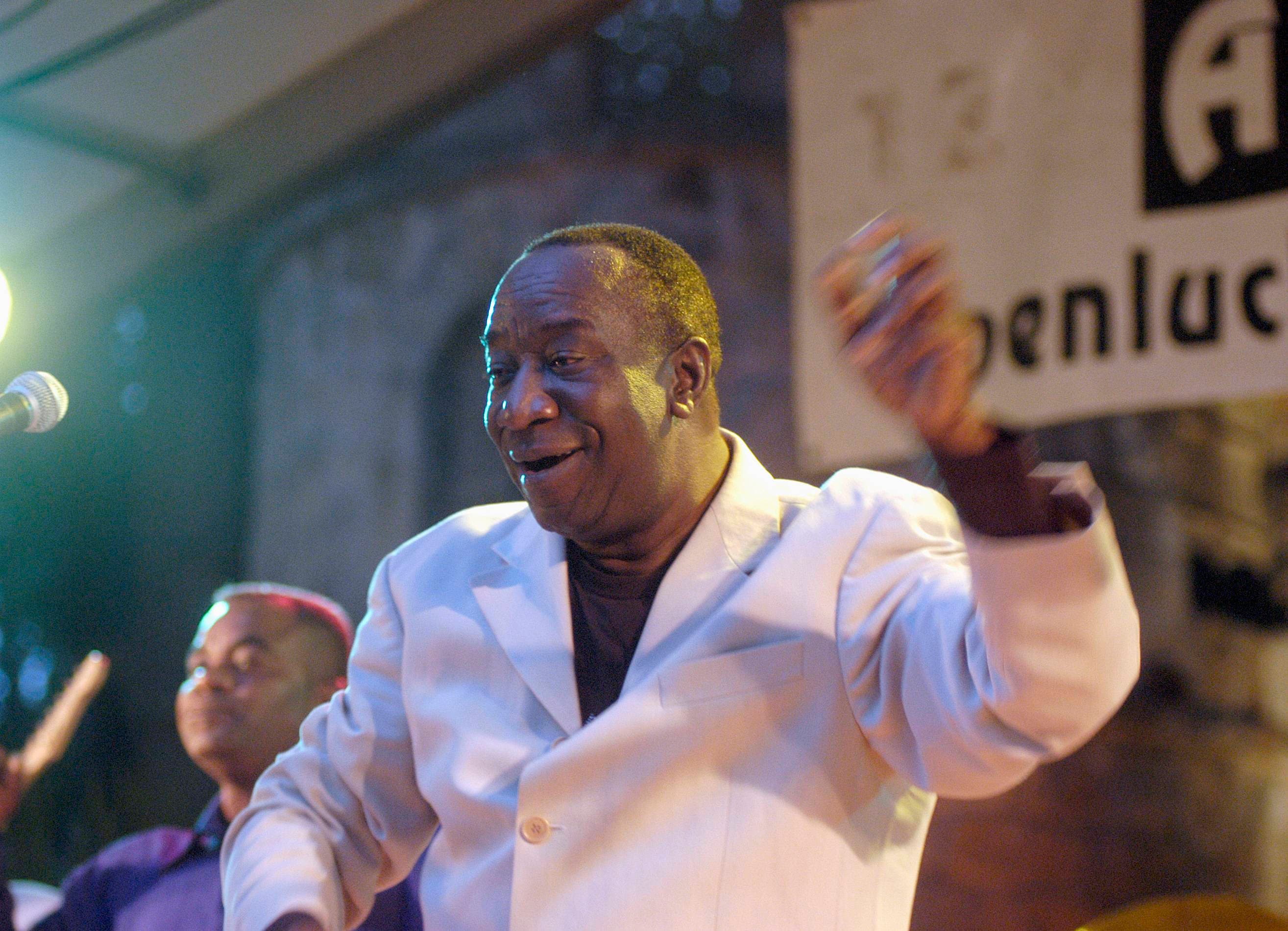 Congolese singer Tabu Ley Rochereau performs on stage at Afrika Festival on June 28, 2003 in Hertme, Netherlands.