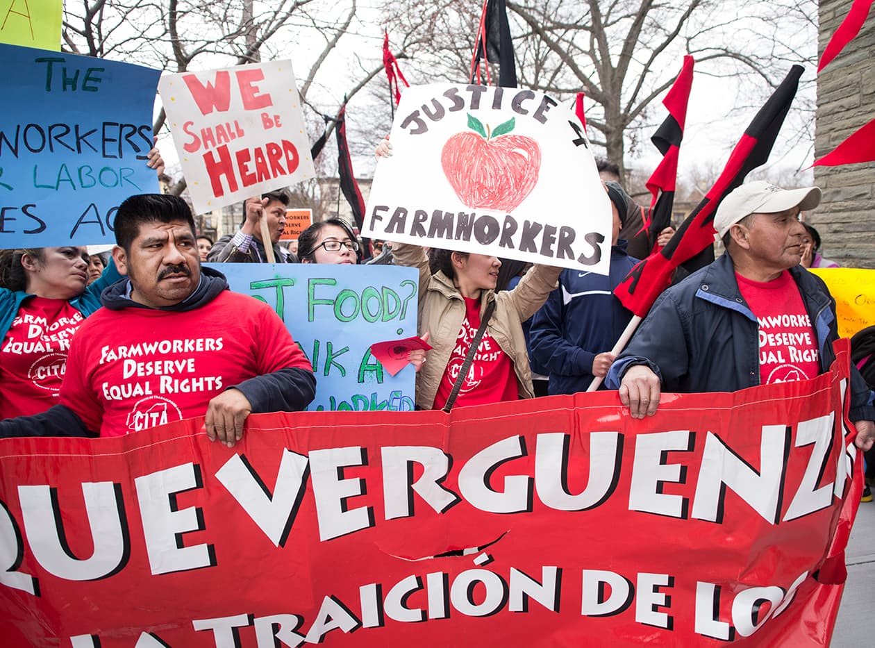 Marchers hold up signs that say "Justice for farmworkers" and "We shall be heard."