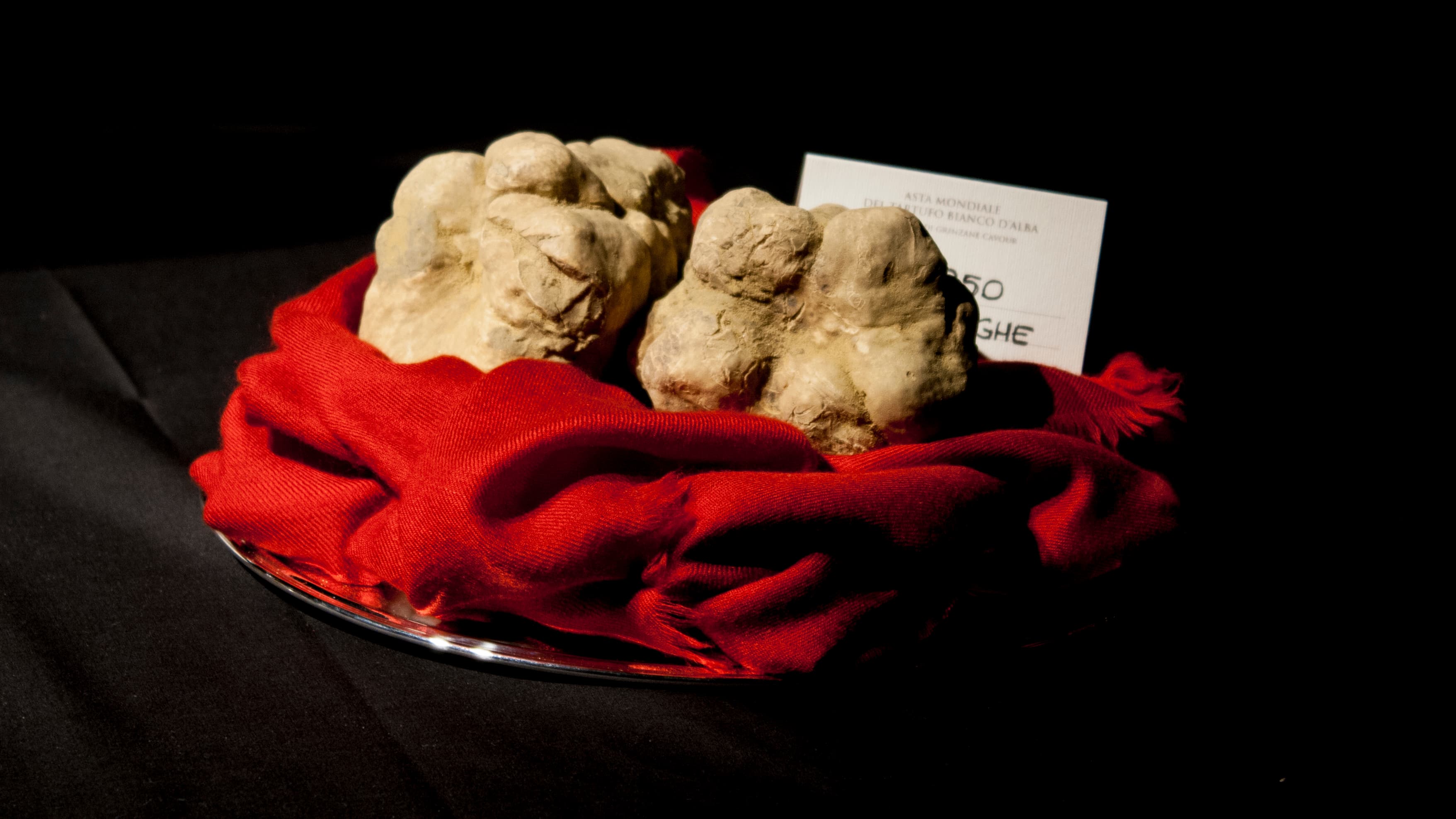 Truffles wait on a silver platter to be sold at the International Truffle Auction in Alba, Italy.