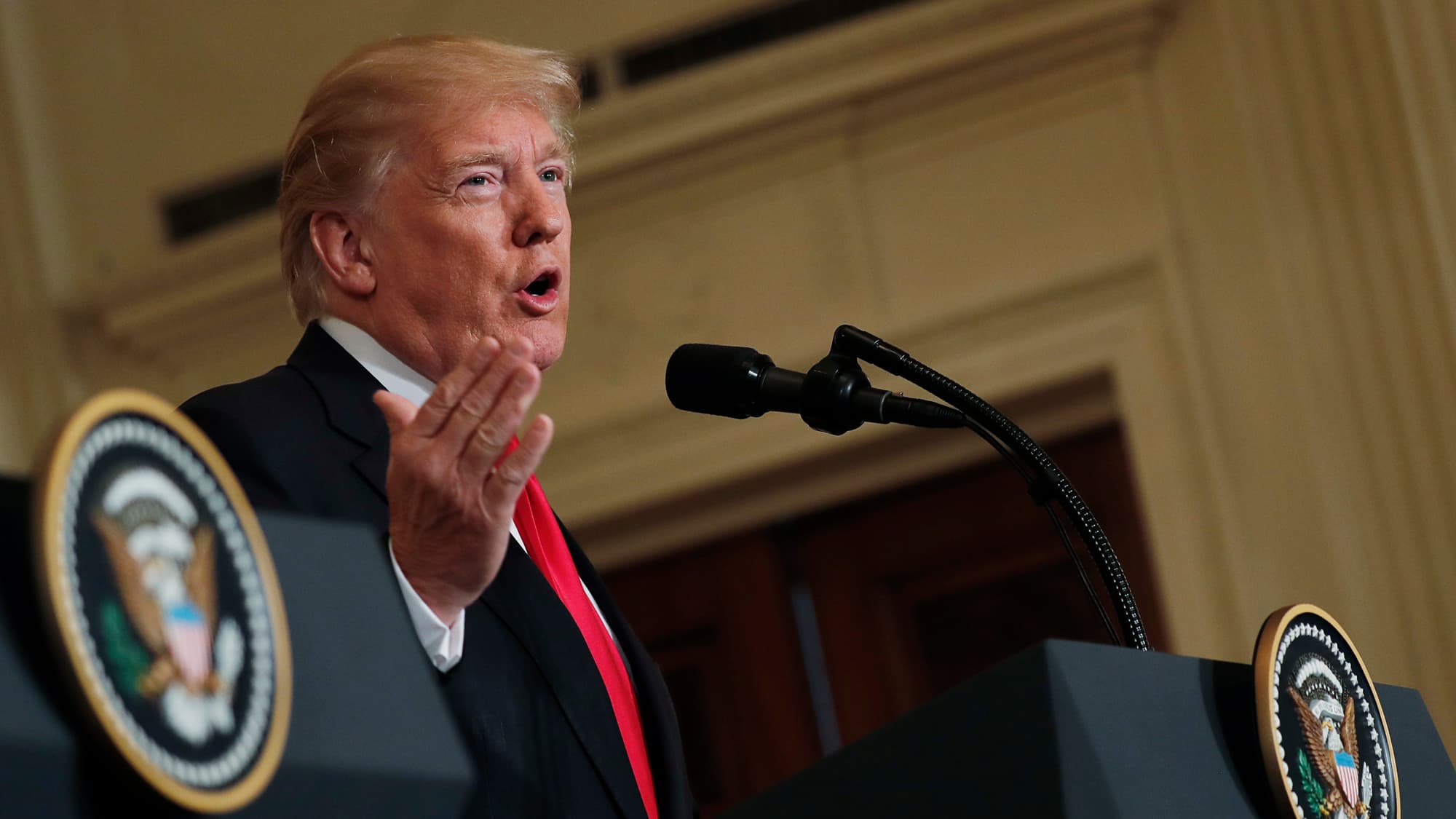 President Donald Trump answers a question during a joint news conference with Norwegian Prime Minister Erna Solberg at the White House, Jan. 10, 2018.