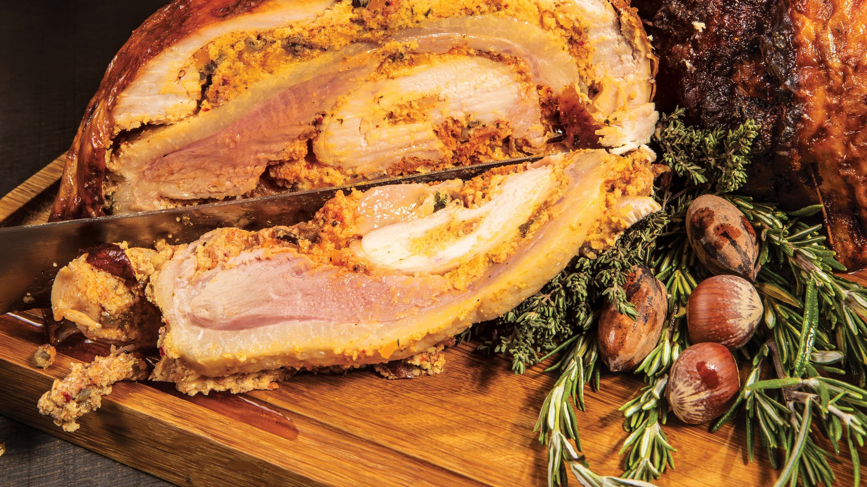 Carving a turducken.