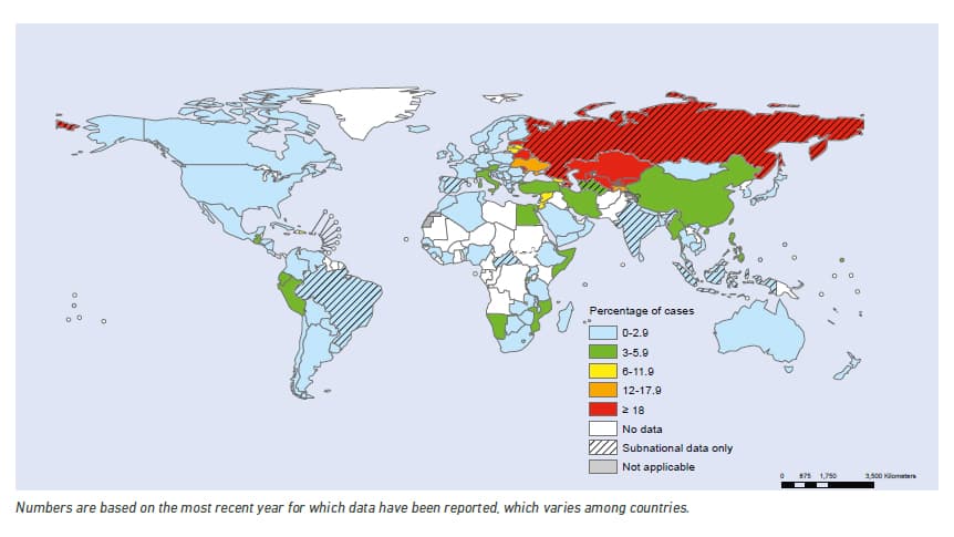 Case of drug-resistant microbes are on the rise around the world, especially bacteria resistant to antibiotics. This map from the World Health Organization shows the proportion of cases of tuberculosis that are resistant to multiple drugs, based on the la