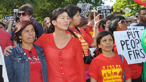 Ai-jen Poo, Director of the National Domestic Workers Alliance, stands with National Peoples Action to demand accountability for the financial crisis on May 20, 2012, Washington, DC.