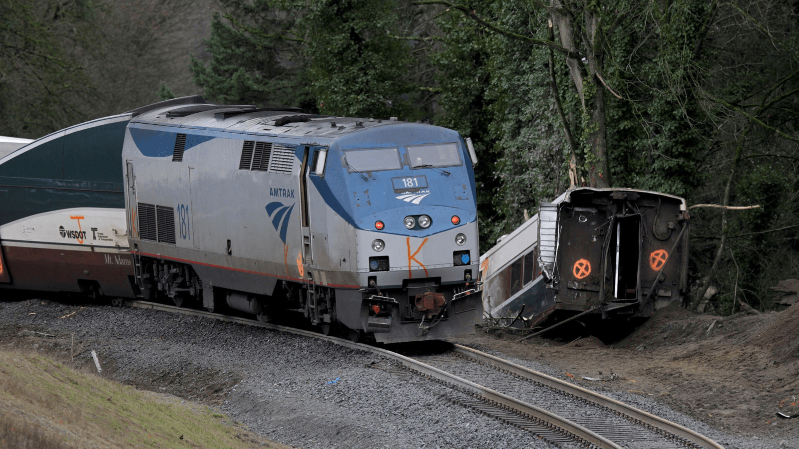 The scene where an Amtrak passenger train derailed on a bridge over interstate highway I-5 in DuPont, Washington, U.S., December 18, 2017.