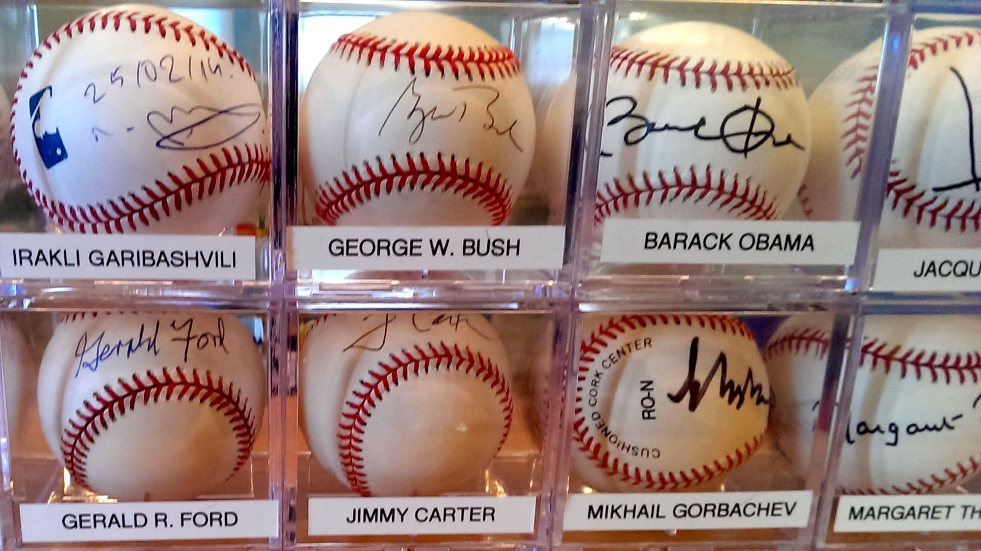 Some of the top names from the autograph collection of Randy Kaplan. He launched his collection in 1996, with the autograph of Bill Clinton, and has gathered 130 autographed baseballs to date.