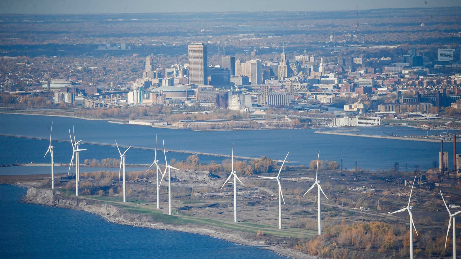 Fourteen wind turbines on the shores of Lake Erie power enough energy for about 10,000 homes. One of the world’s largest steel mills formerly occupied the site.