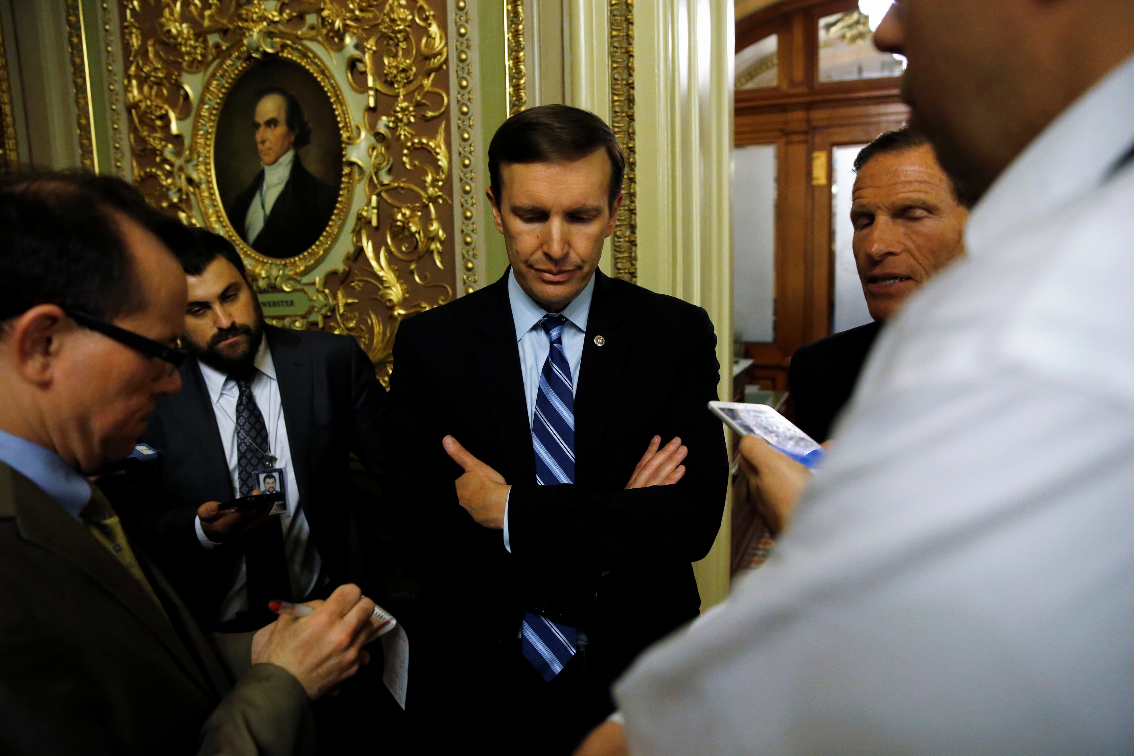 US Senator Chris Murphy, center, and Senator Richard Blumenthal, right