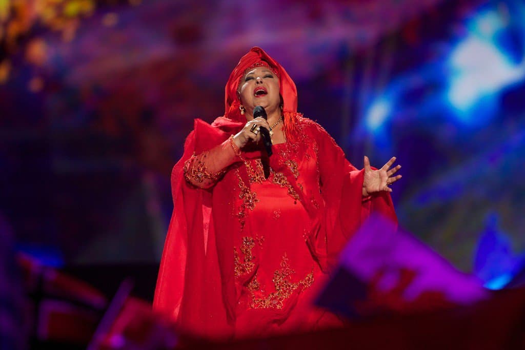 Esma Redžepova representing Macedonia with the song "Pred da se razdeni"  during a dress rehearsal for the Eurovision Song Contest 2013 in Malmö.