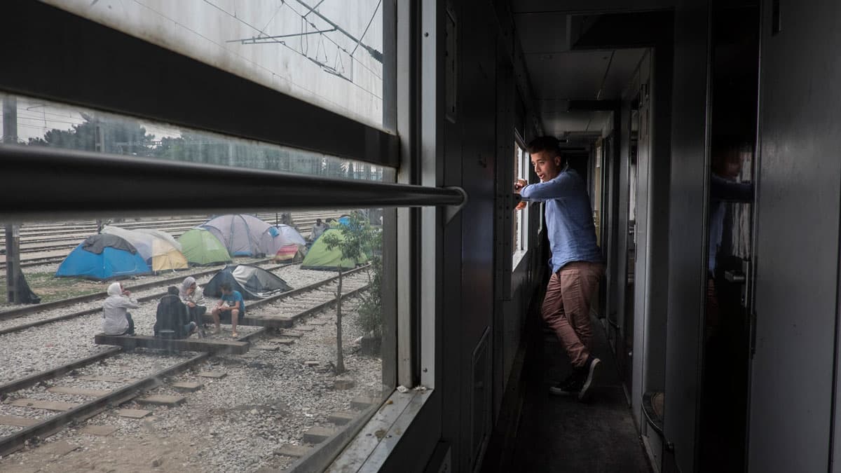 Moa'yad Al Saur, 20, from Damsacus, Syria, moved into a train parked at Idomeni station. He studied economics in Syria but fled because he didn't want to fight in the Syrian Army. His brother arrived in Germany already and his parents are still in Syria.
