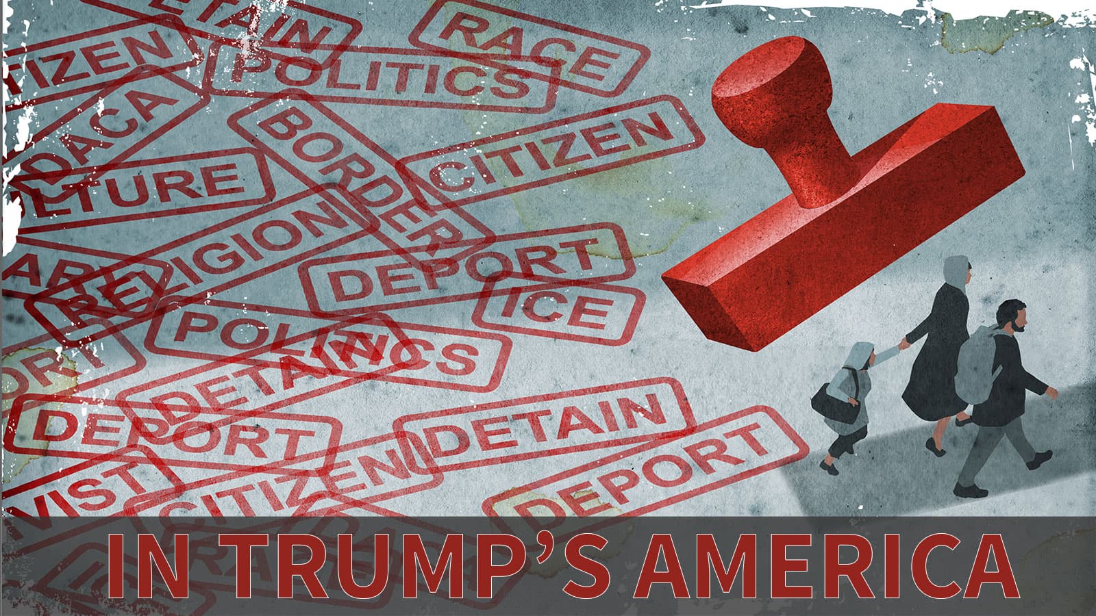 illustration of people being stamped by immigration related words