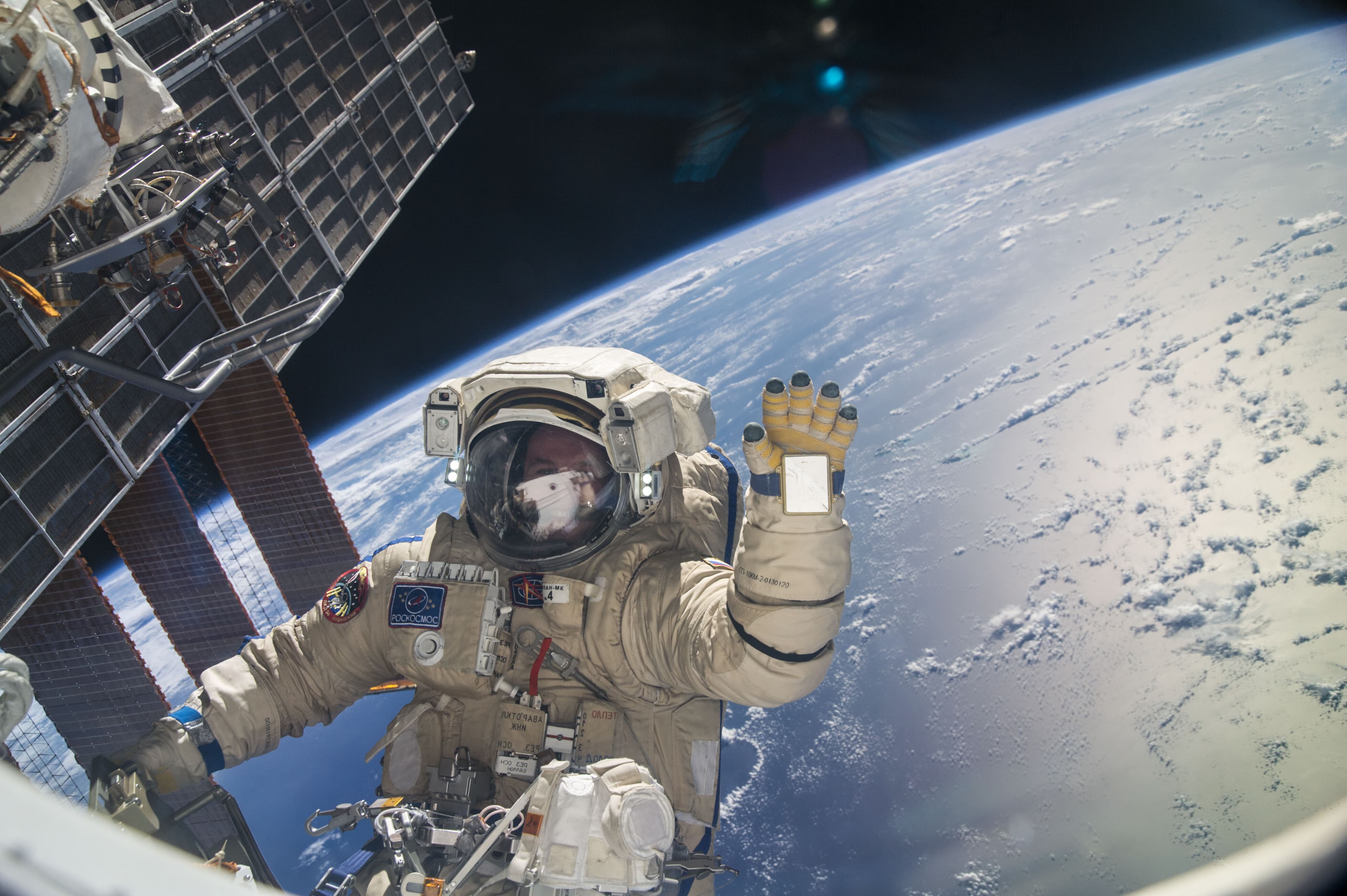 Russian cosmonaut Sergey Ryazanskiy is pictured during a session of extravehicular activity (EVA) in support of assembly and maintenance on the International Space Station.