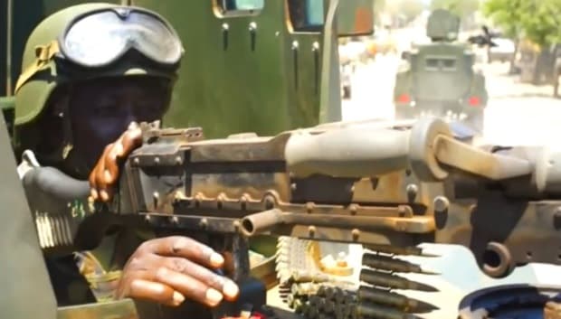 African Union troops patrolling in Kismayo, in southern Somalia. The Kenyan-led troops come under daily attack in Kismayo.