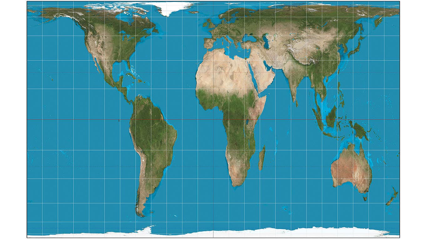 The world, filtered through the Gall–Peters projection, is pictured here. Its imagery is a derivative of NASA’s Blue Marble summer-month composite with oceans lightened to enhance legibility and contrast. The image was created with the Geocart map project