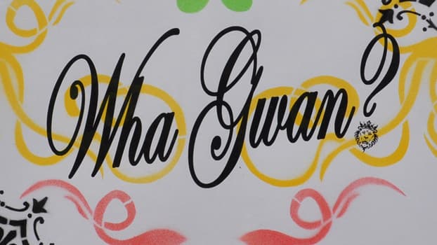 The phrase ‘Wha gwan’ (whaa gwaan) means ‘what’s going on’ in Jamaican Patois. The spelling varies but the meaning does not change.