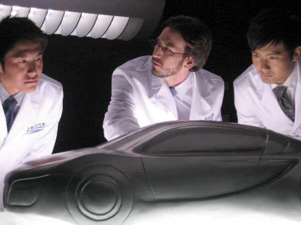 Steven Weathers (center) was often hired to play a foreign expert in a lab coat in Chinese commercials, but he says advertisers are using more Chinese actors to play the reassuring roles.