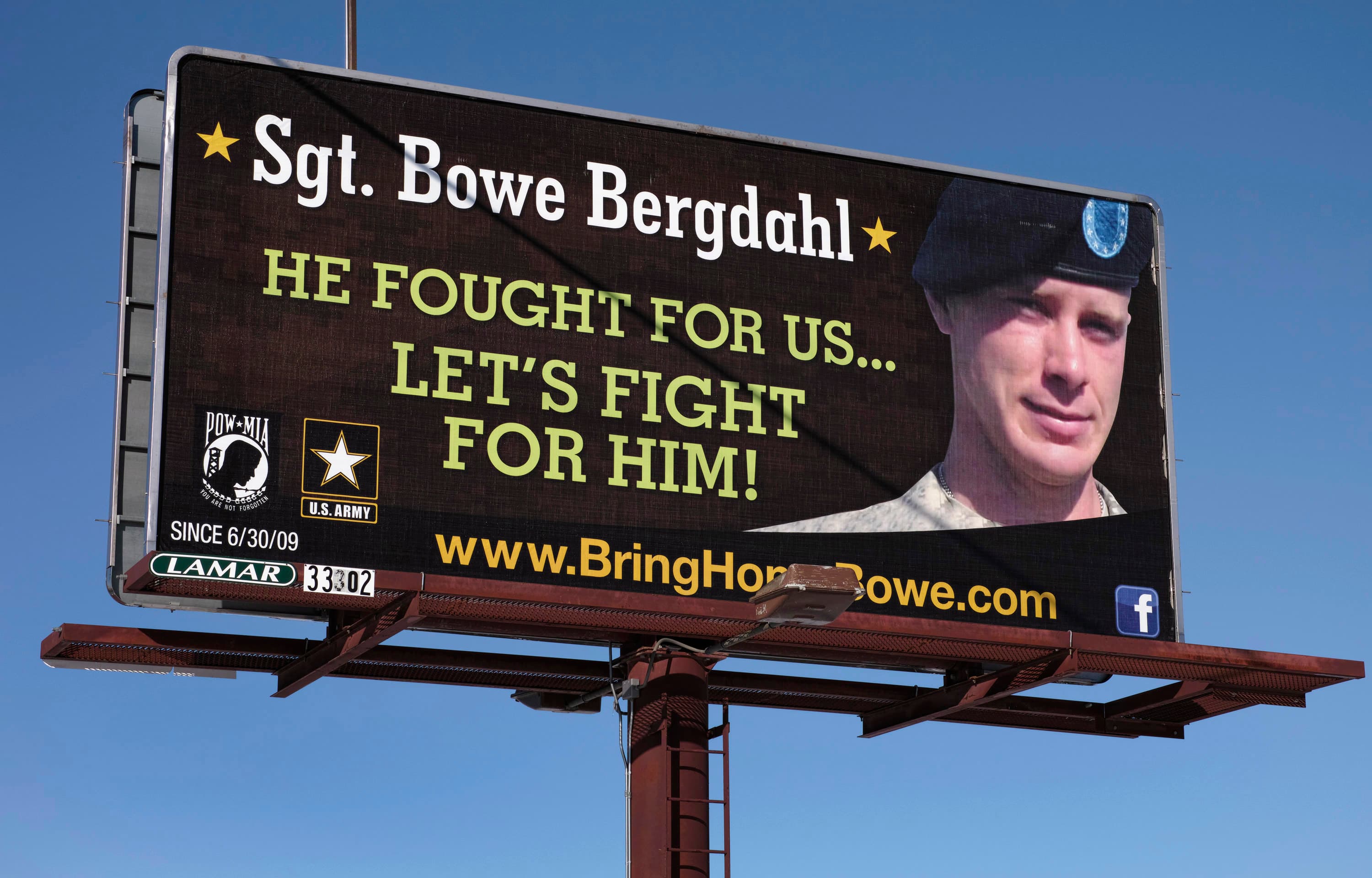 A billboard calling for the release of US Army Sergeant Bowe Bergdahl, held for nearly five years by the Taliban after being captured in Afghanistan, is shown in this picture taken near Spokane, Washington on February 25, 2014. Bergdahl has been released