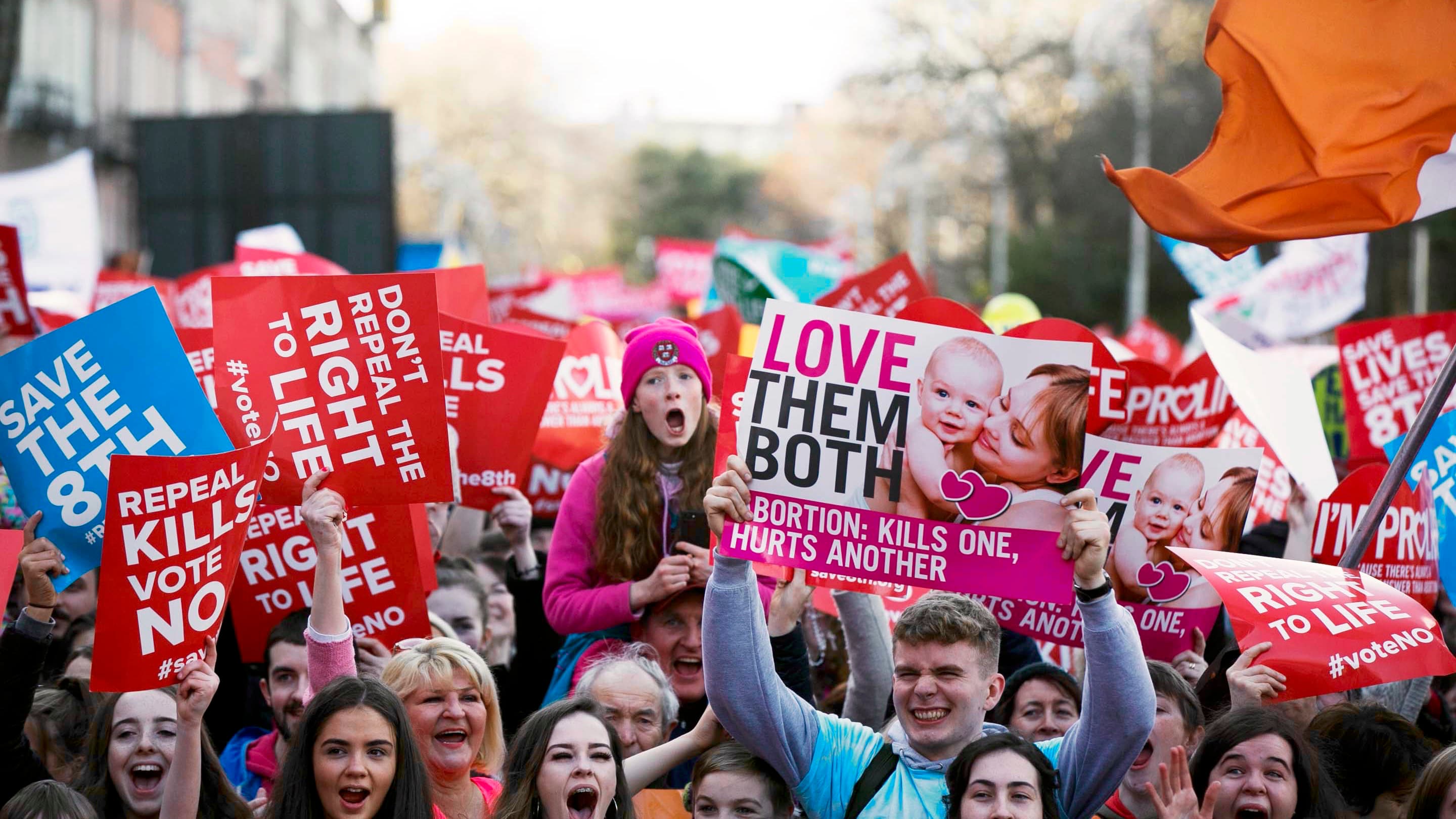 Demonstrators taking part in an anti-abortion rally in Dublin, Ireland on March 10, 2018. An estimated 100,000 people were there to "Save the 8th", the constitutional amendment that bans abortion.