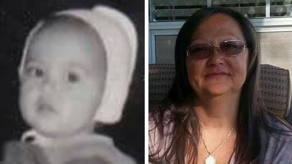 Two images, one of an infant in black and white and one of a woman