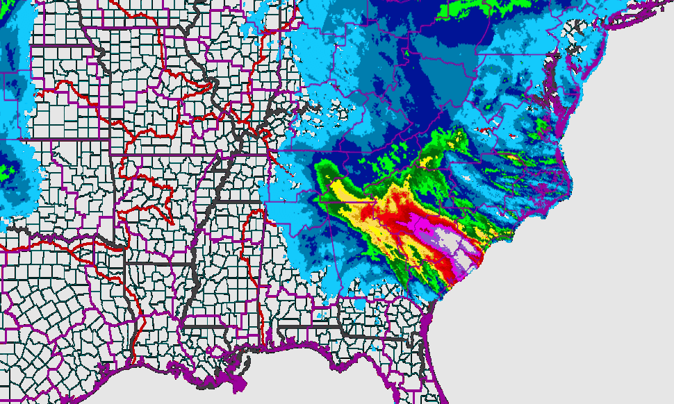 A US National Weather Service map shows precipitation levels across the southeastern US on October 4, 2015. White splotches in South Carolina indicate areas with more than 10 inches of rain.