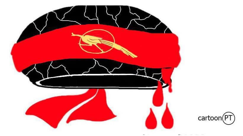 Cartoon posted to NyanHline's Brainwave Facebook page which is devoted to expressions of protest over the violence directed at Burmese students carrying out a 400-mile march from Mandalay to Yangon. The peacock is an image that goes back to the 1988 prote