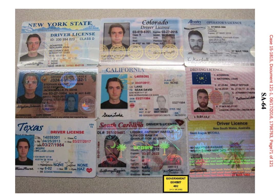 Evidence entered into the record of Ross Ulbricht's Federal trial in the U.S. Southern District Court of New York, depicting 9 fake IDs Ulbricht purchased for himself from the Silk Road marketplace.