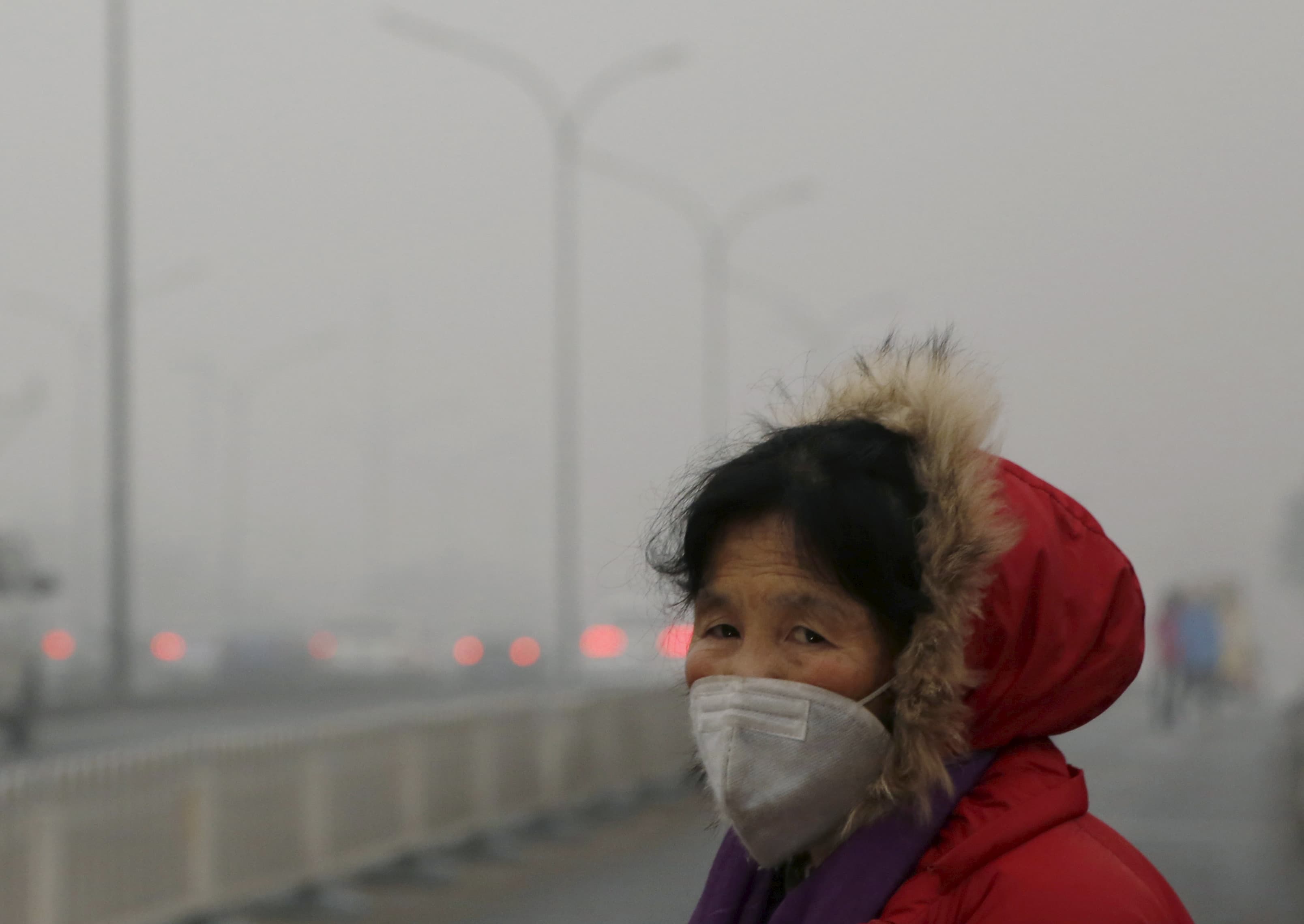 A woman wears a protective mask on one of the worst polluted days in Beijing.