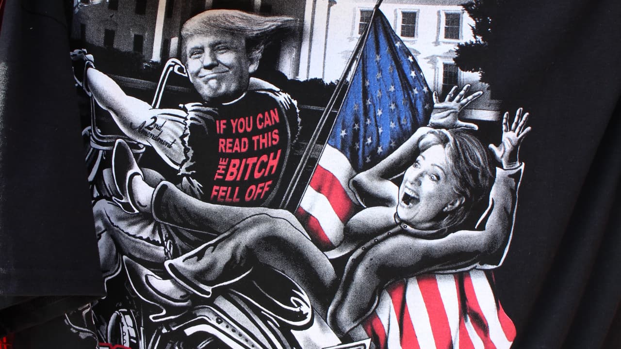 Memorabilia sold throughout downtown Cleveland portrayed Democratic candidate Hillary Clinton as a 