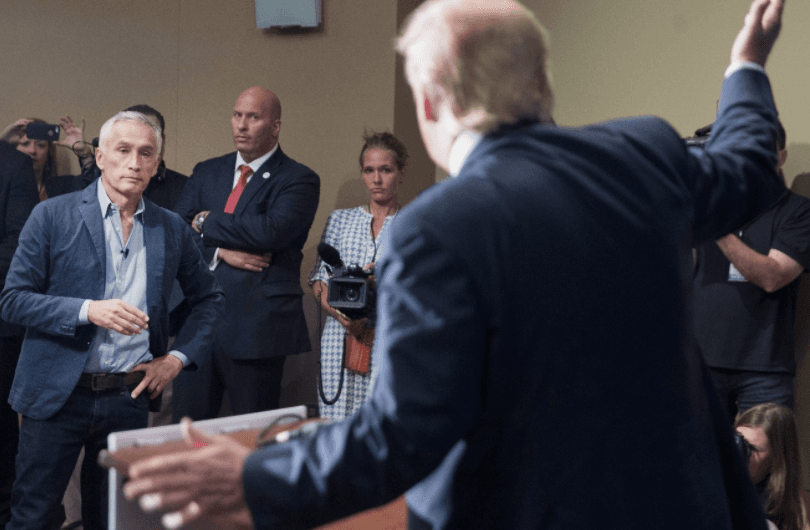 Donald Trump refuses to answer a question from Univision's Jorge Ramos at a 2015 press conference in Iowa