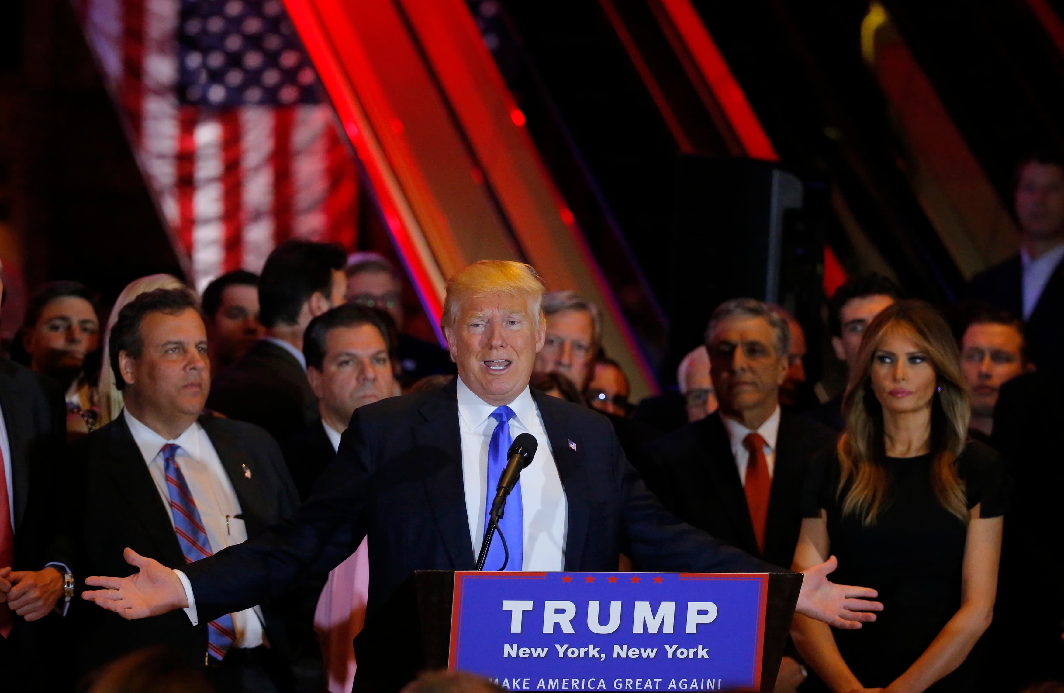 Republican US presidential candidate and businessman Donald Trump speaks to supporters during Trump's five state primary night rally held at the Trump Tower in Manhattan, New York, Tuesday night.