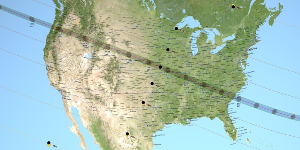 A United States map showing the path of totality (dark grey) for the August 21 total solar eclipse.