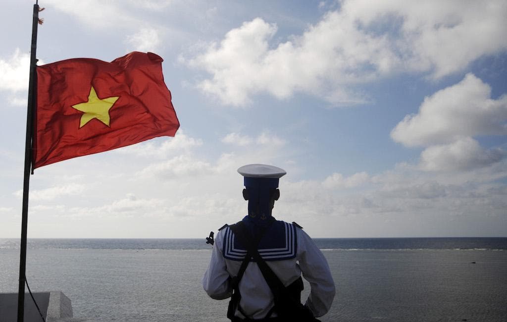 A Vietnamese naval soldier stands guard at Thuyen Chai island in the Spratly archipelago, Jan. 17, 2013.