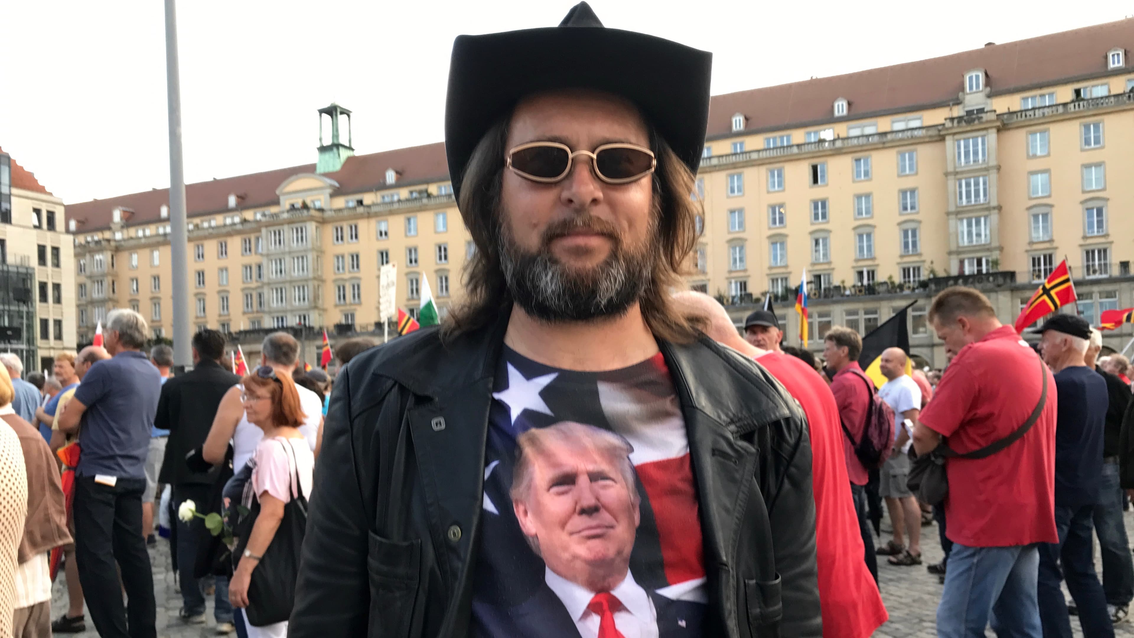 A supporter of the anti-Muslim group PEGIDA in Dresden, Germany.
