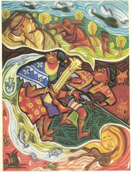 This artwork by Federico Boyd Sulapas Dominguez depicts the impact of militarization in the hinterlands.