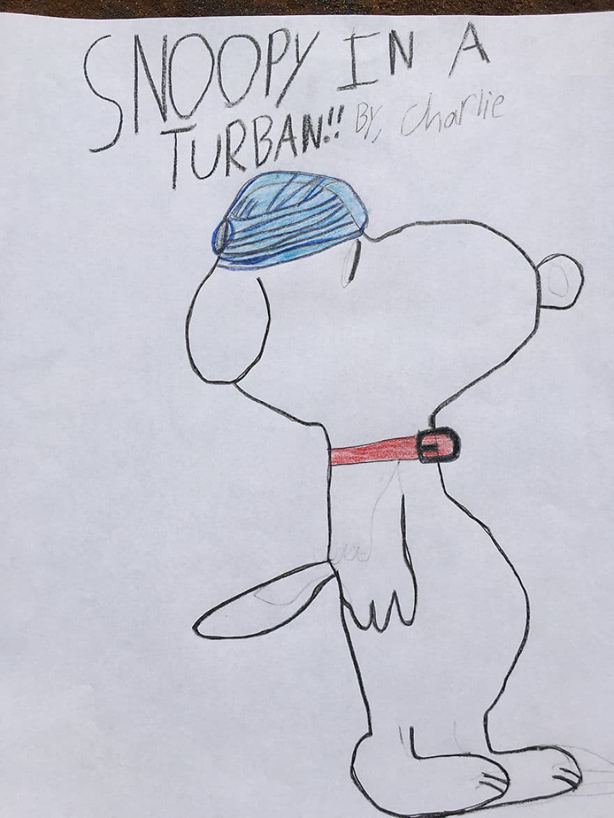 A child's drawing of Snoopy in a turban