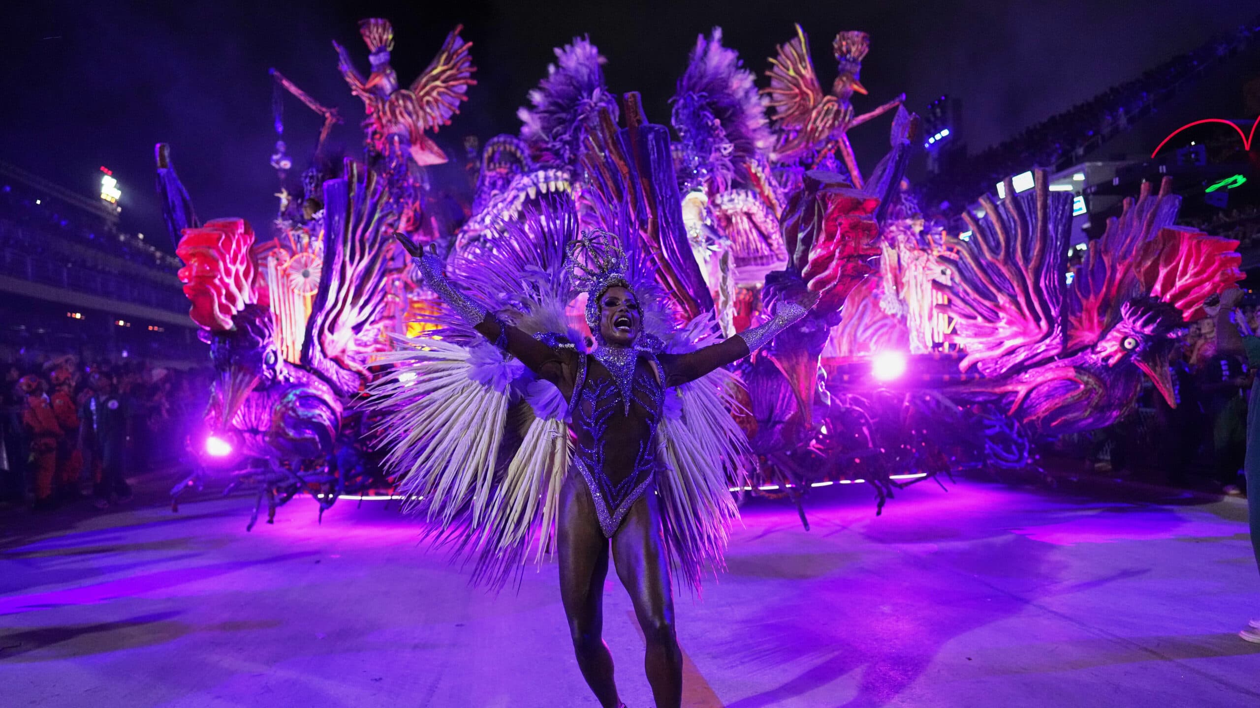 A performer in elaborate, feathered costume dances energetically in front of a brightly lit Carnaval float, surrounded by vibrant, colorful decorations including large bird figures. The scene is illuminated with purple and pink lights, creating a festive atmosphere with a crowd watching in the background.