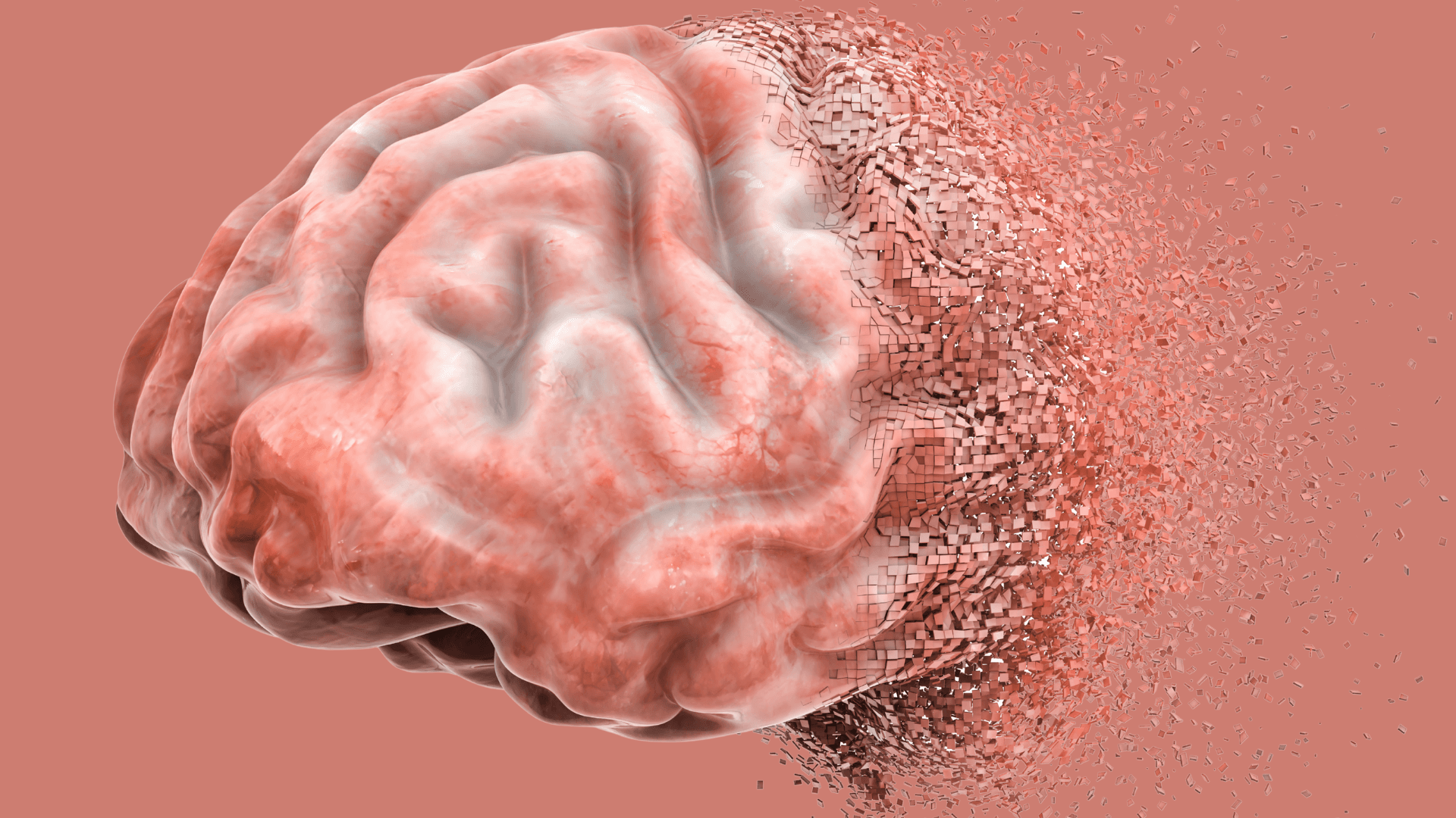 A brain gradually disintegrating into small particles on a pink background.