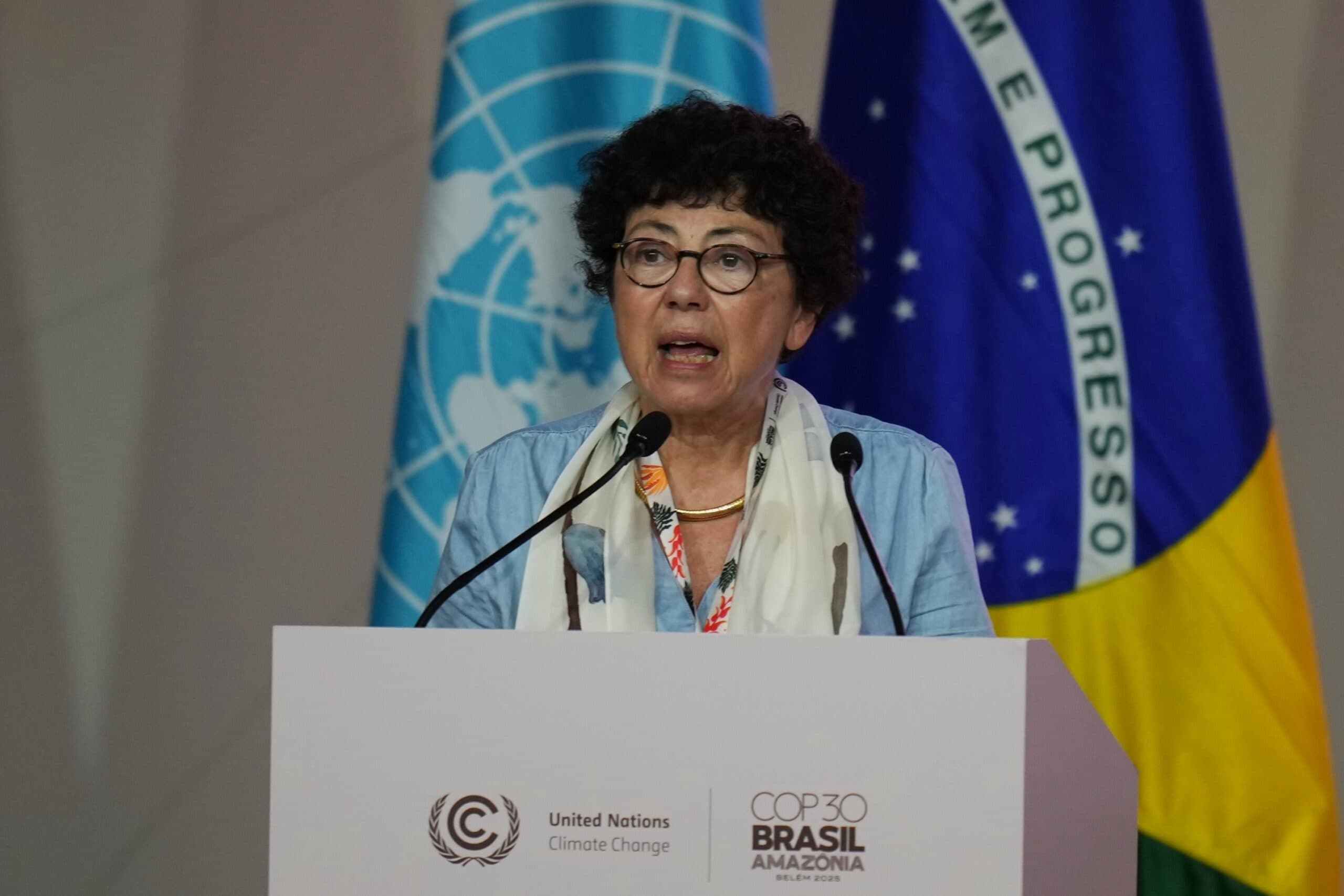 A person speaking at a podium with United Nations and Brazilian flags in the background.