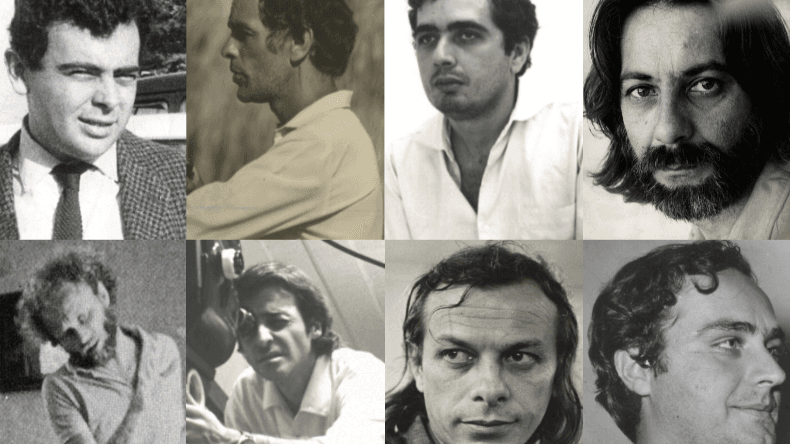 A collage of black and white portraits featuring eight different men, each with a unique expression and pose.
