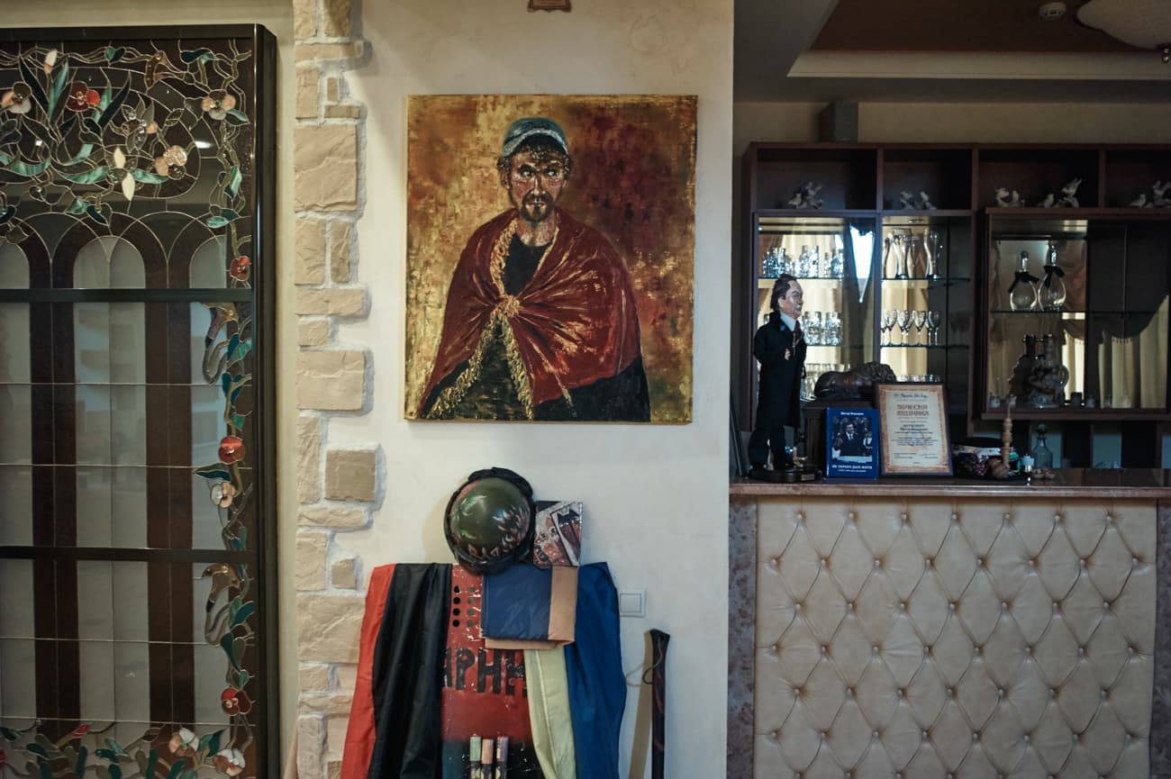 A portrait of Petro Oliynyk, 34, a grocery salesman from Lviv has, came to Mezhgorye from Maidan where he participated in the revolution and has remained there ever since guarding/protecting it from looters.