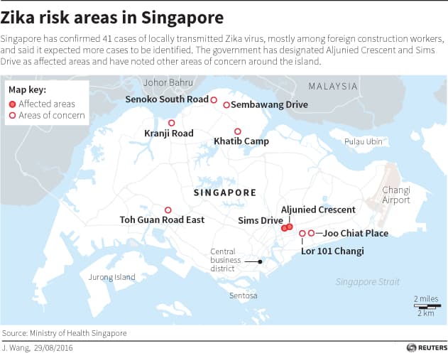 Map of location at risk of Zika in Singapore