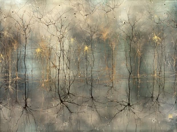 'Cortical Columns' represents neural synapses. Gold, ink, dye and mica color the aluminized panel.