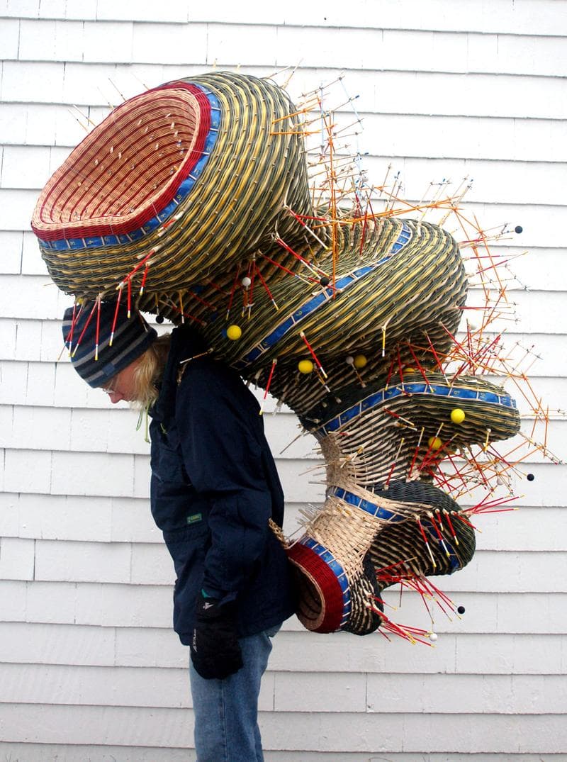 Nathalie Miebach carries her sculpture 'Antarctic Explorer'