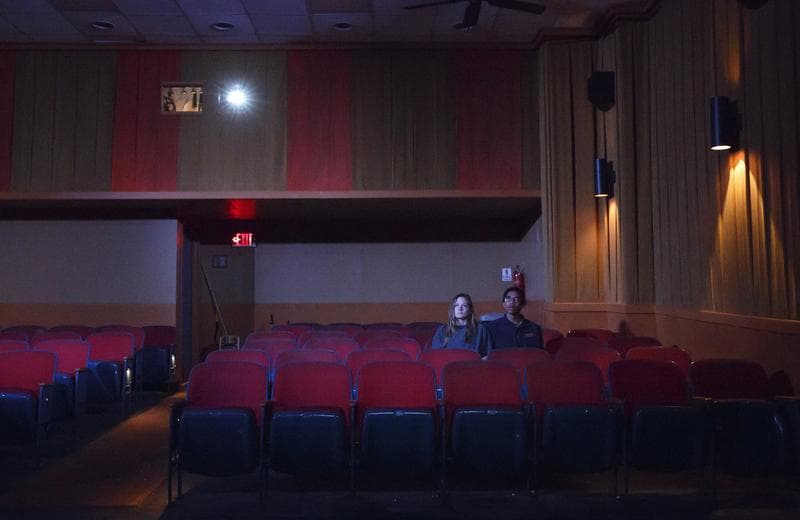 Louisa Krause and Aaron Clifton Moten in a scene from THE FLICK by Annie Baker, director by Sam Gold, at the Barrow Street Theatre