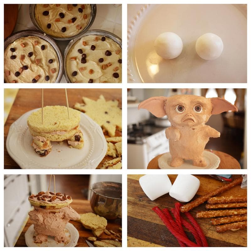 Caramel pecan turtle cake is stacked into a gremlin shape, then his features are sculpted from modeling chocolate