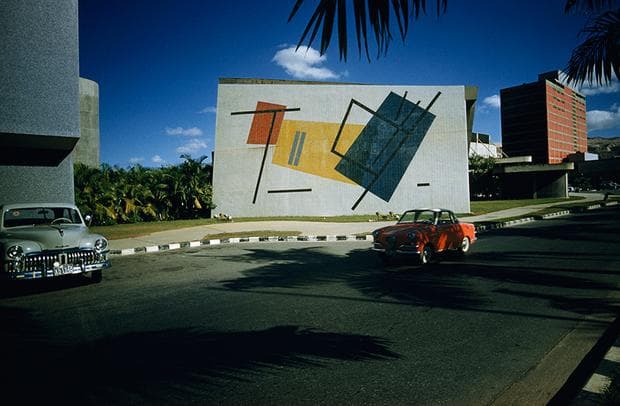 Geometric patterns enliven a wall of an auditorium in Caracas, Venezuela, March 1963. (Photograph by Thomas J. Abercrombie, National Geographic)