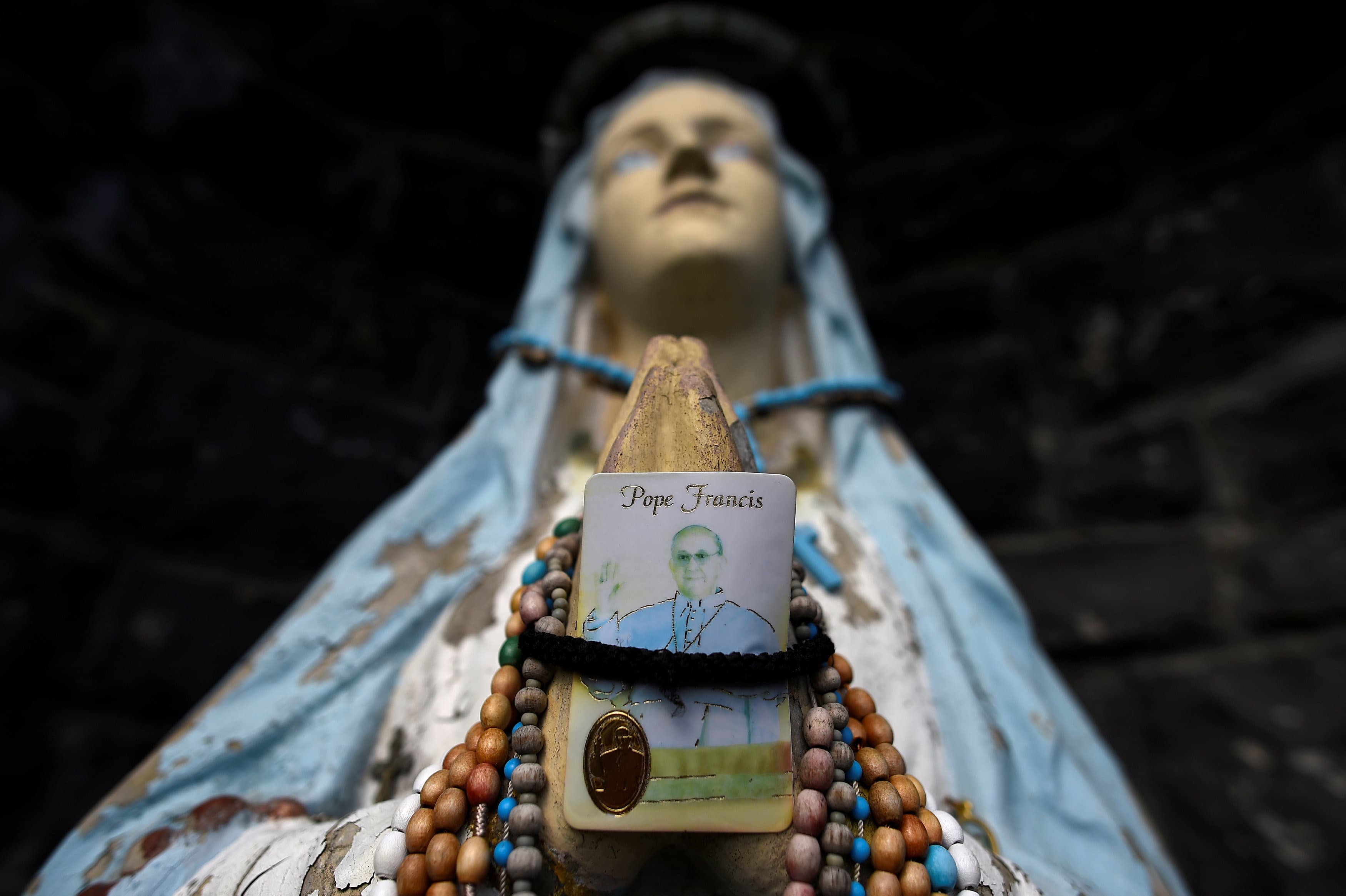 A religious grotto featuring a statue of the Virgin Mary holding a Pope Francis prayer card