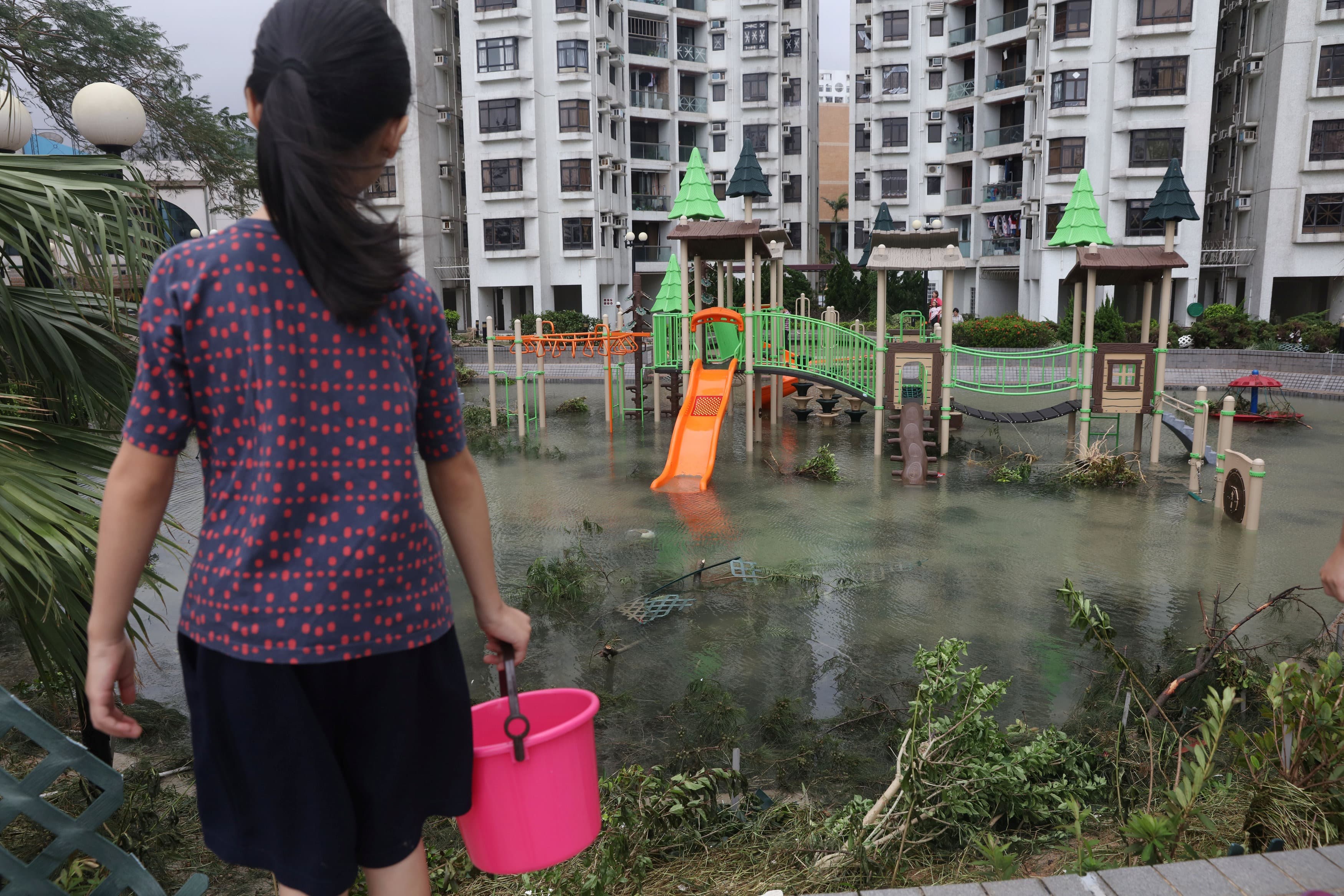 a flooded park with a woman in front